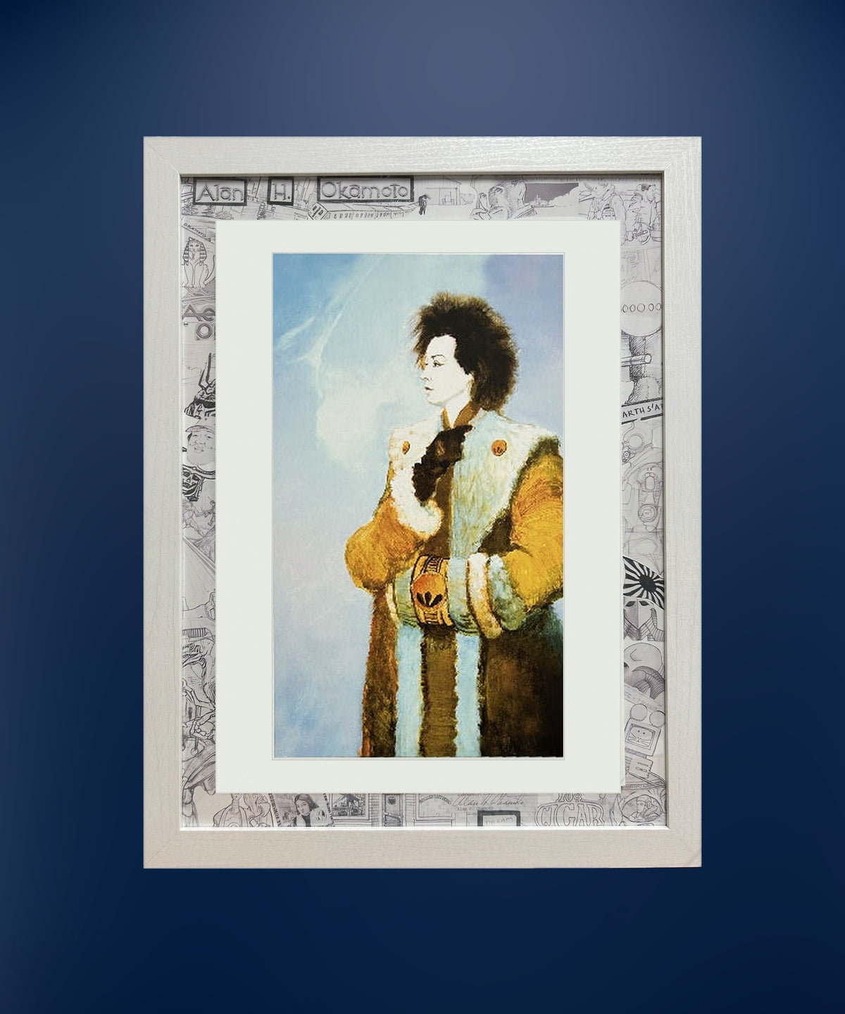Longing framed print on a deep blue wall