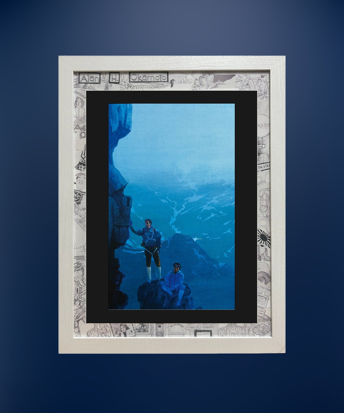 Climbers framed print on a deep blue wall