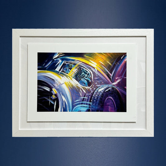Fury framed artwork on a deep blue wall