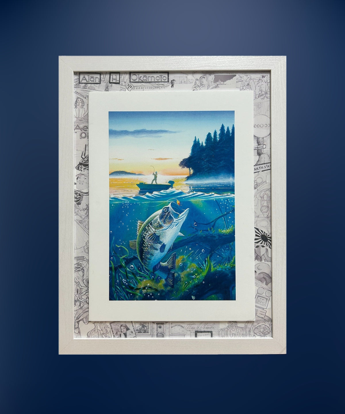 Hook & Line framed print on a deep blue wall