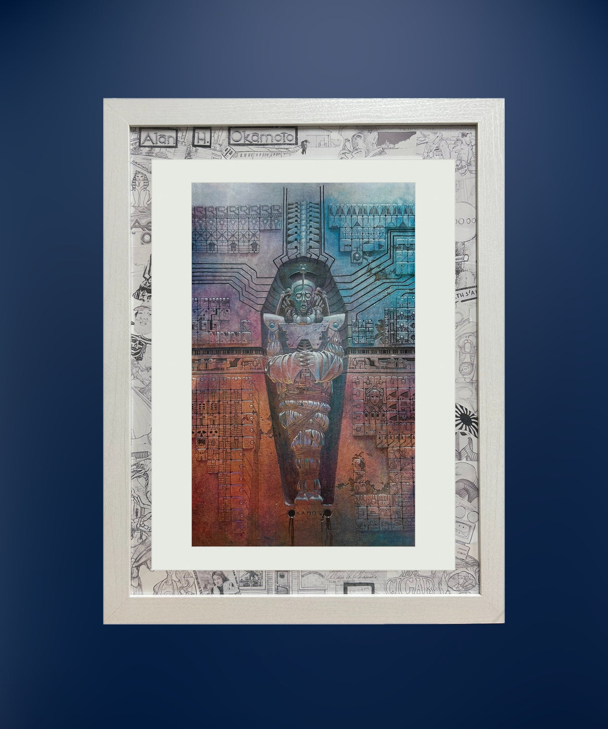 Sarcophagus framed print on a deep blue wall
