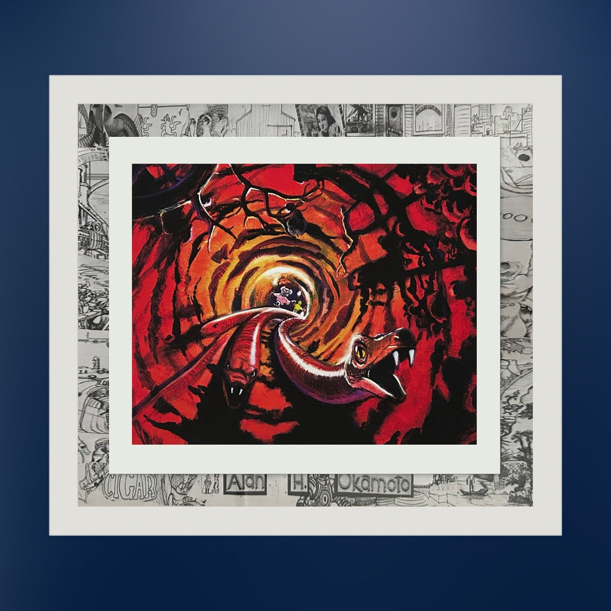 Snakes! framed print on a deep blue wall