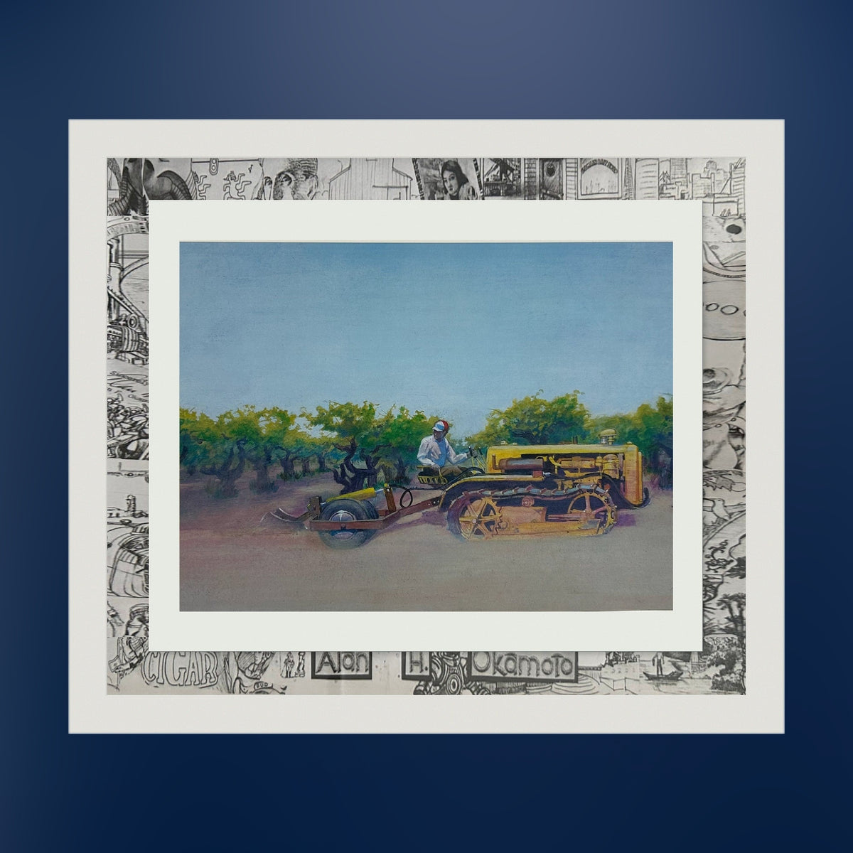 Tractor framed print on a deep blue wall