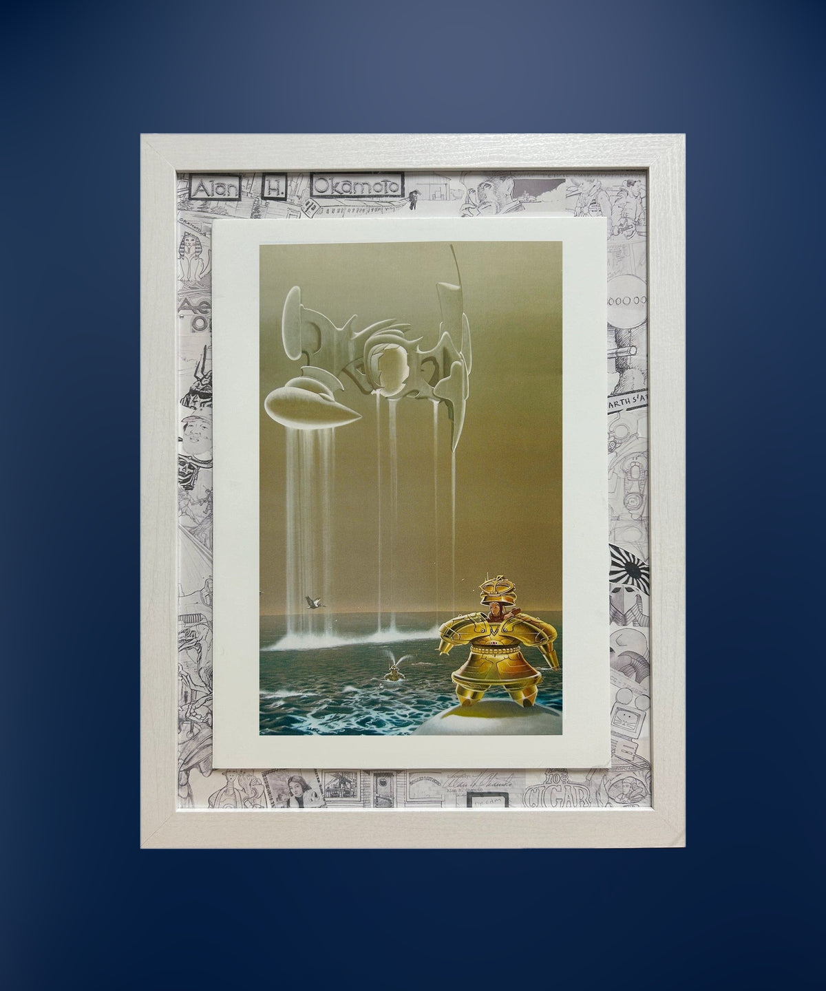 Water Planet framed print on a deep blue wall