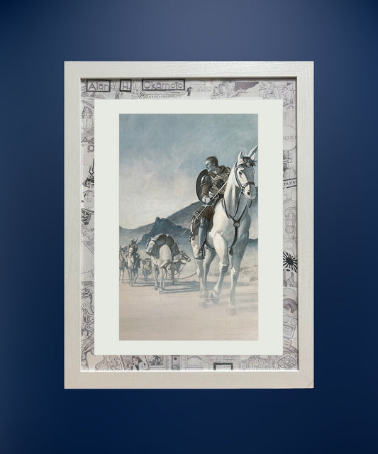 White Horse framed print on a deep blue wall